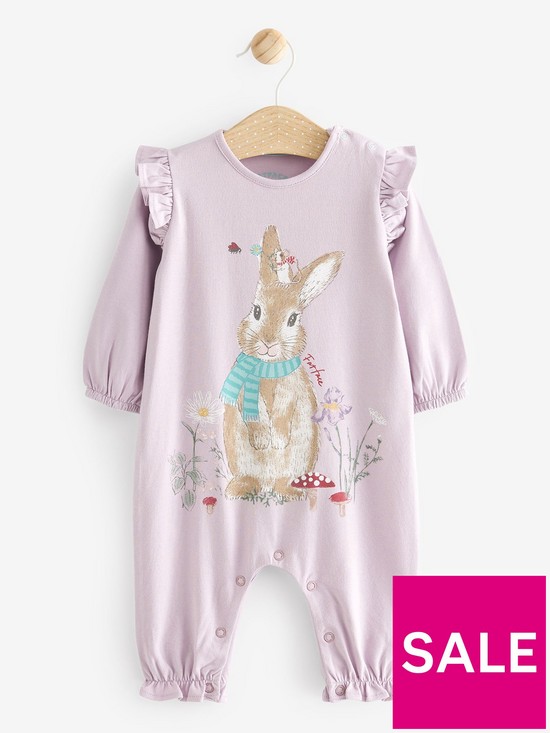 front image of fatface-baby-girls-romper-bunny-purple