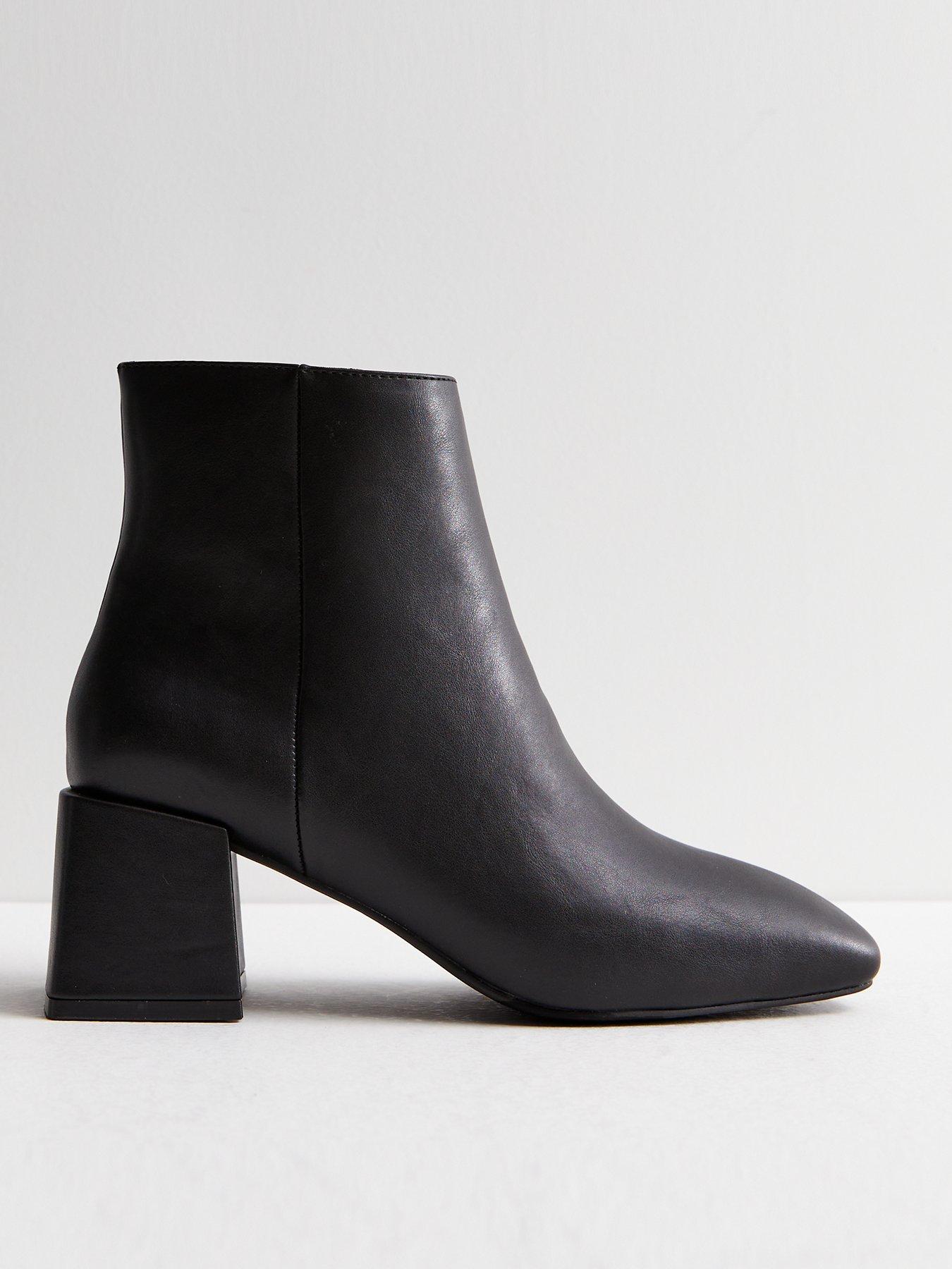 New Look Black Leather-Look Low Block Heel Boots | very.co.uk