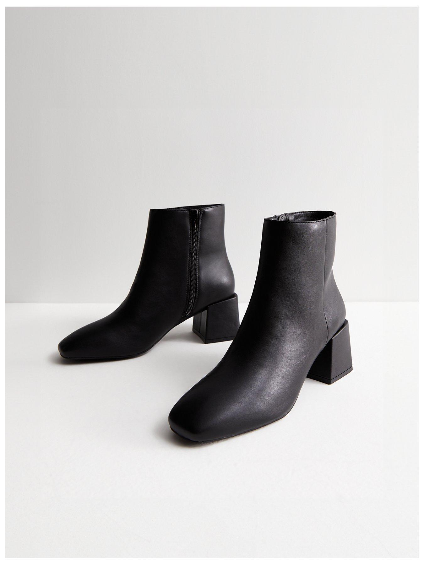 New Look Black Leather-Look Low Block Heel Boots | very.co.uk