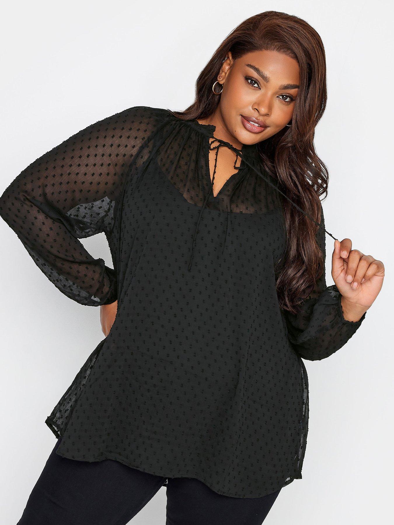 Plus Size Pearly Dot Long Sleeve Split Neck Black/White