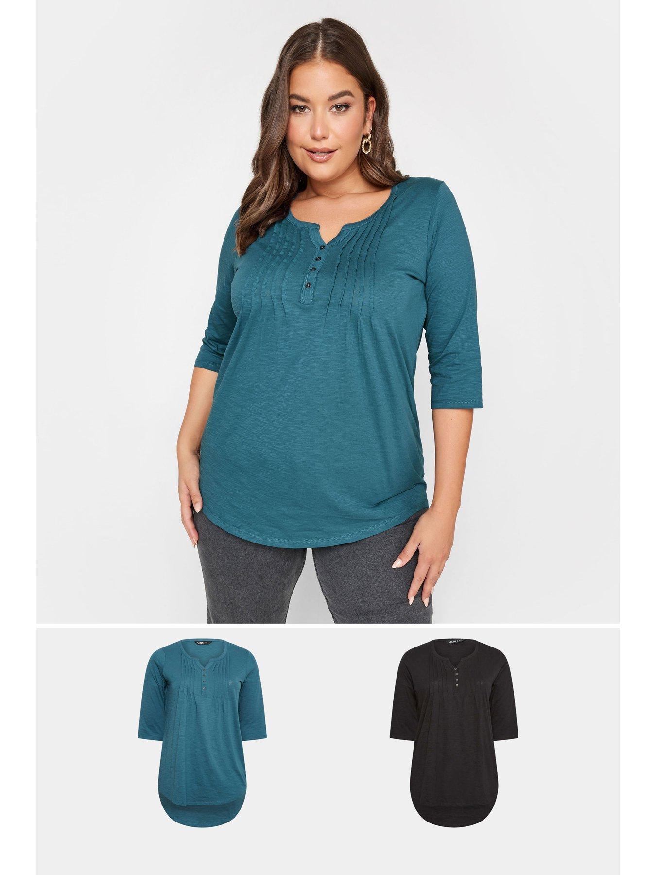 YOURS Curve Plus Size Denim Blue Pintuck Henley T-Shirt