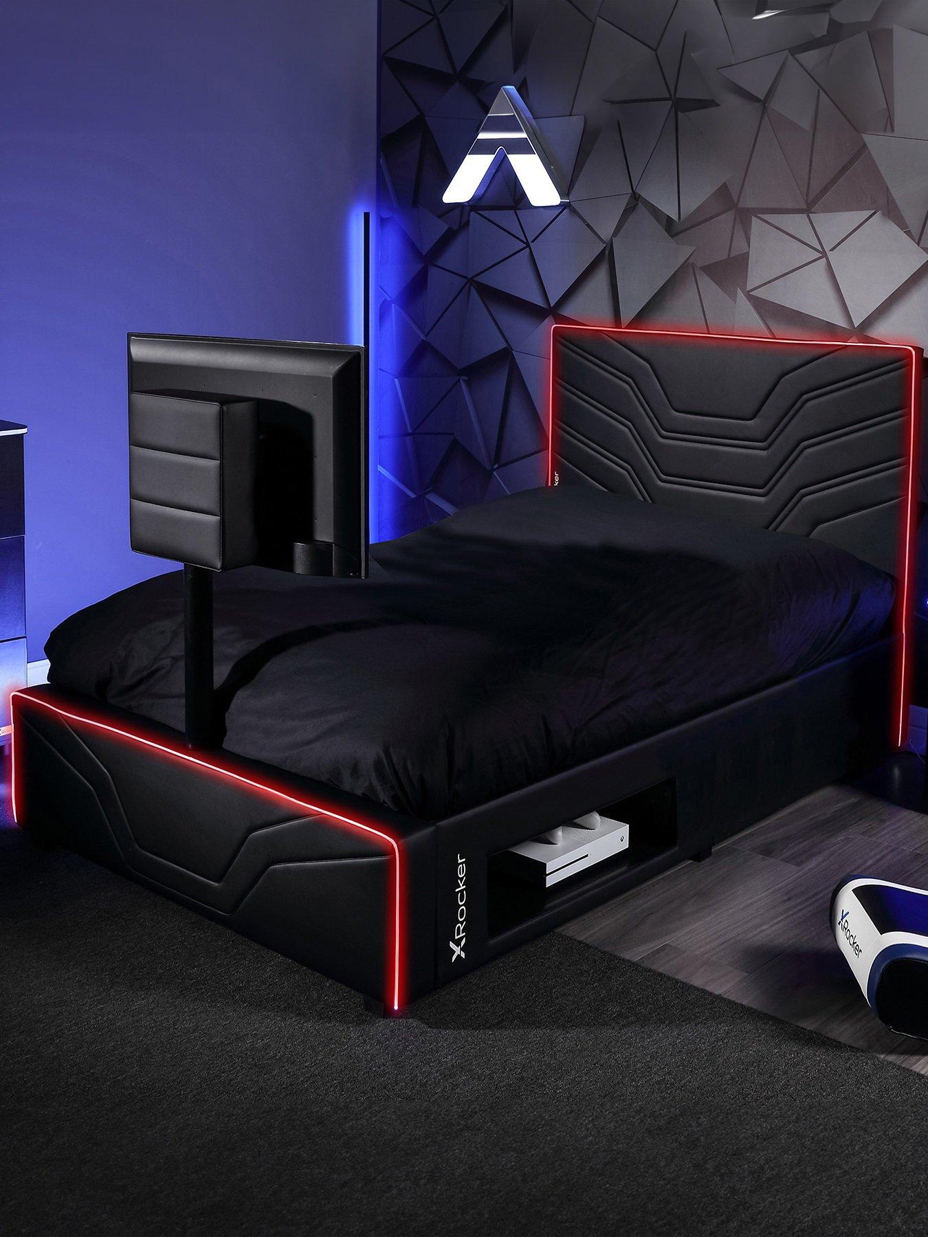 x-rocker-oracle-neo-fibre-esport-upholstered-singlenbsptv-bed-frame-with-led-lights-fits-up-to-32-inch-tv