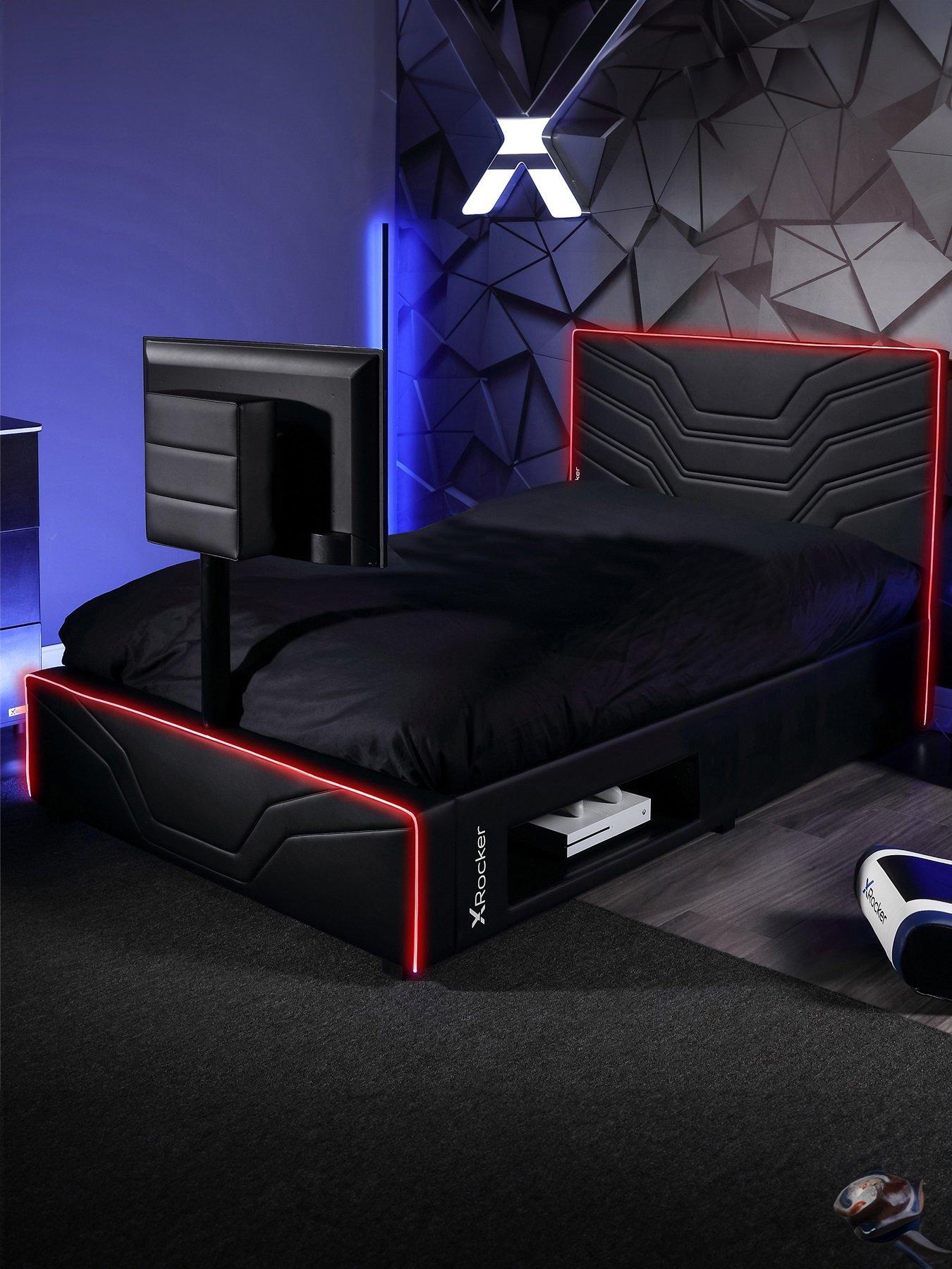 Product photograph of X Rocker Oracle Neo Fibre Esport Upholstered Double Tv Bed Frame With Led Lights - Fits Up To 55 Inch Tv from very.co.uk