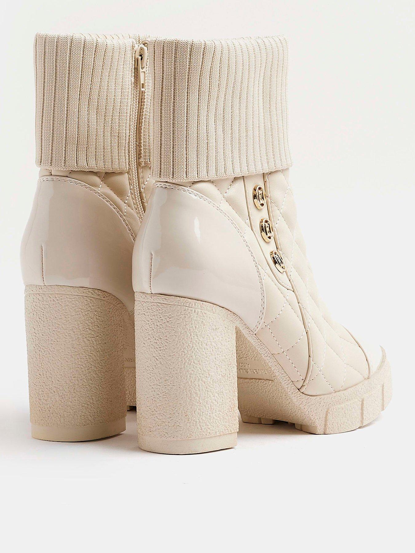 Ribbed Cuff Heeled Boot Cream