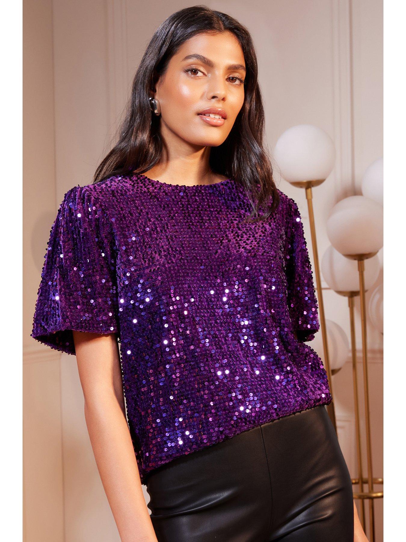 YOURS LONDON Plus Size Dark Blue Sequin Flute Sleeve Top