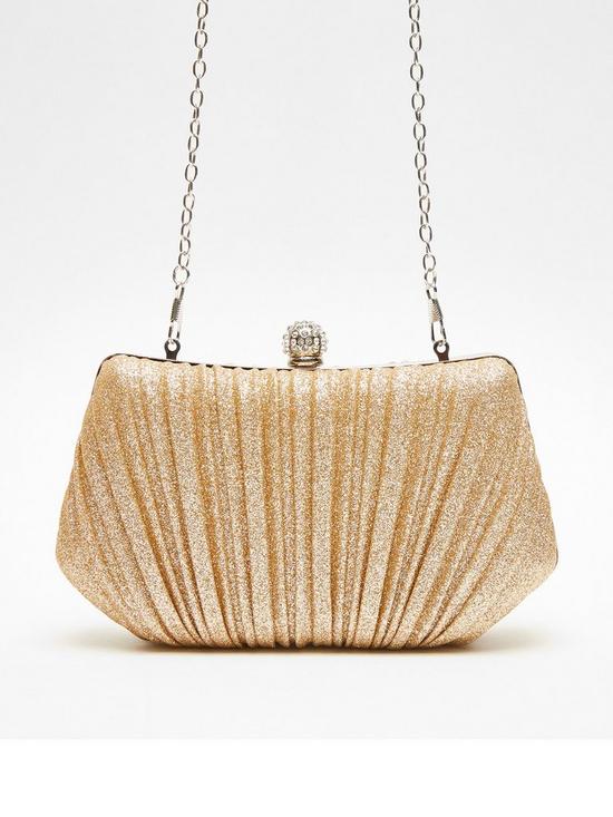 front image of quiz-gold-glitter-pleated-box-bag