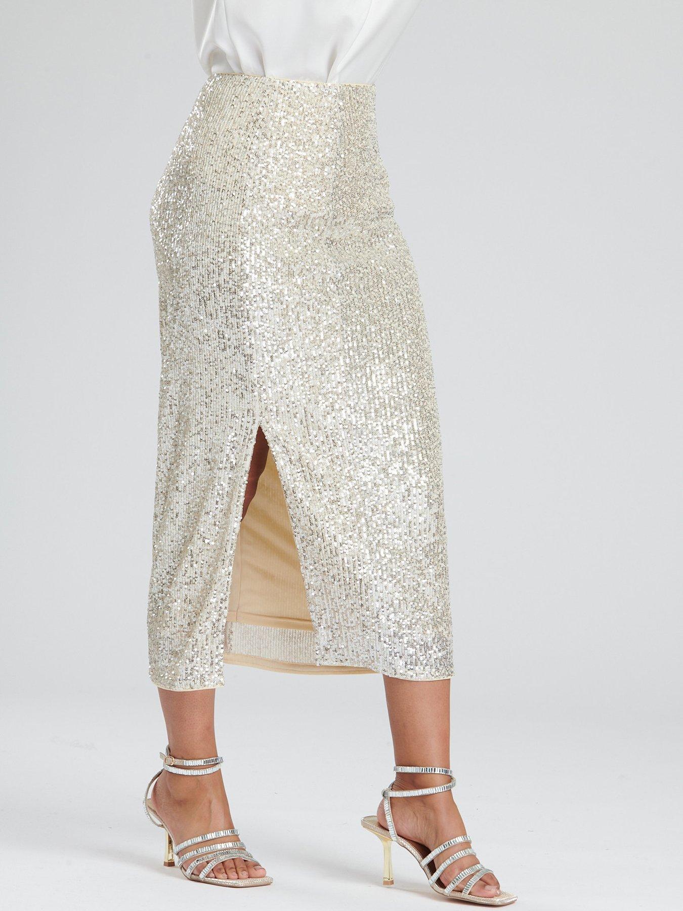 Silver sequin midi skirt uk sale