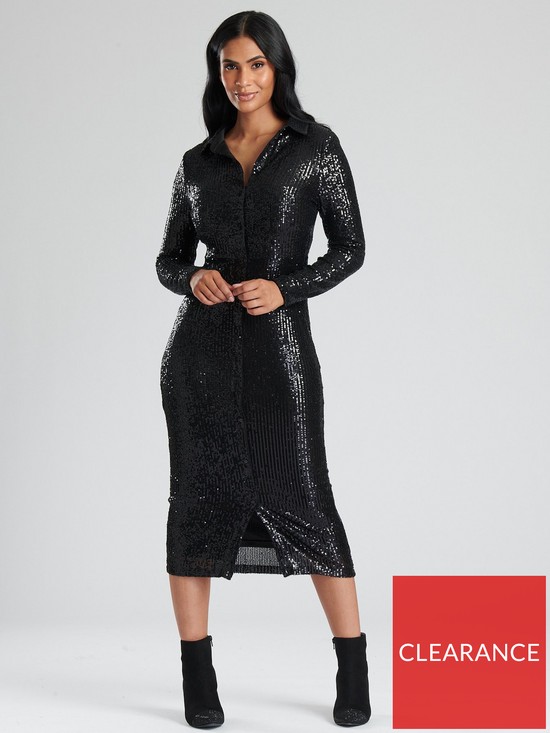 front image of finding-friday-black-sequin-midi-shirt-dress