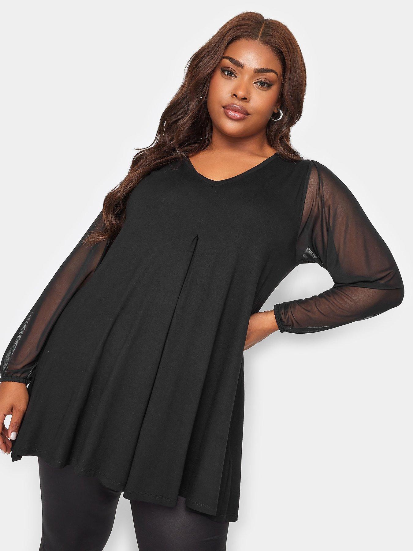 Image 1 of 4 of Yours Long Sleeve Pleat Swing Top Mesh Sleeve - Black
