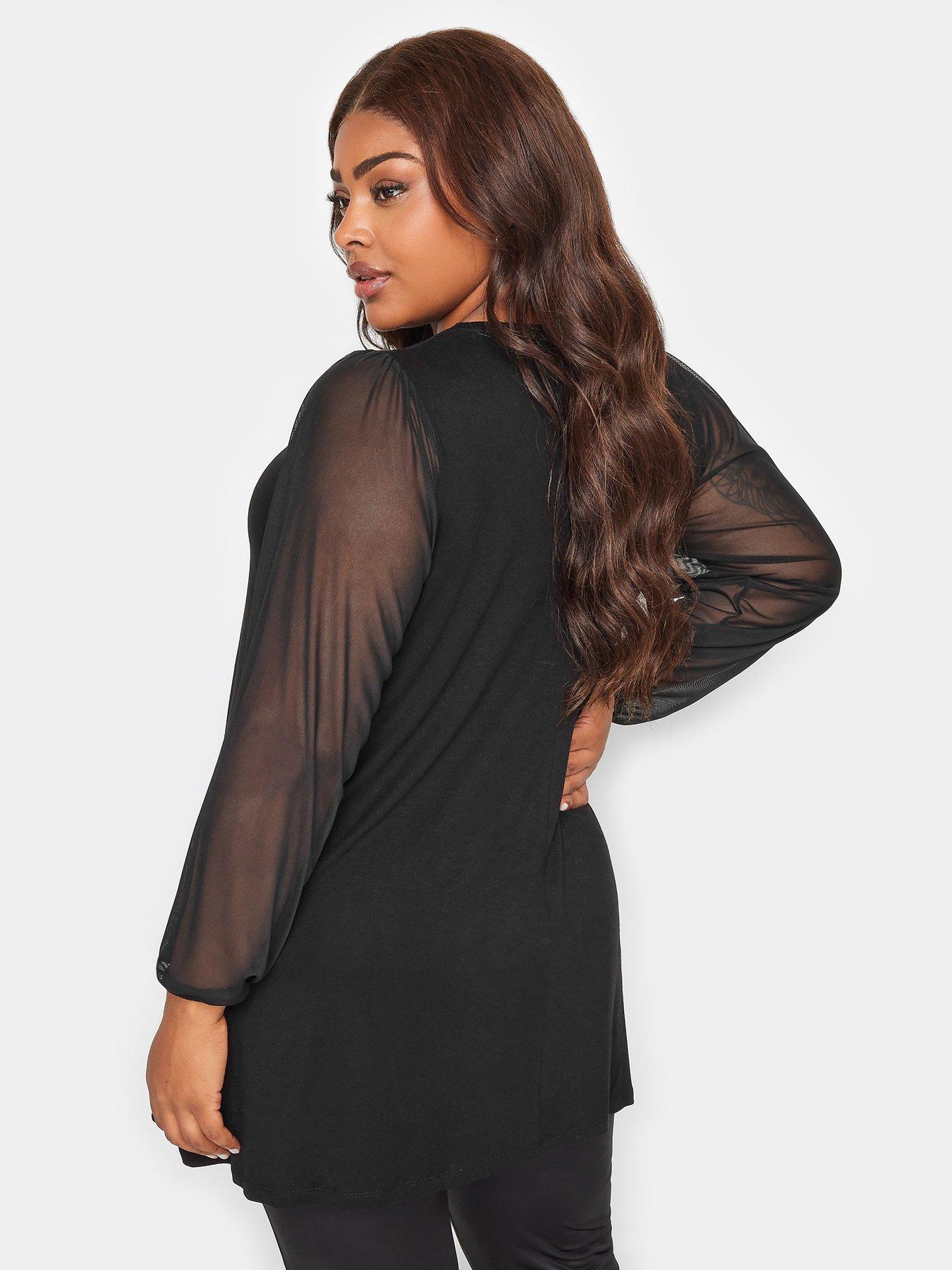 Image 2 of 4 of Yours Long Sleeve Pleat Swing Top Mesh Sleeve - Black