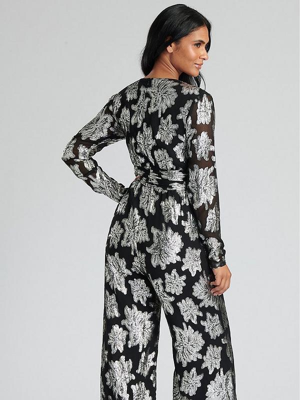 Finding Friday Silver Metallic Flower Long Sleeve Jumpsuit | Very.co.uk