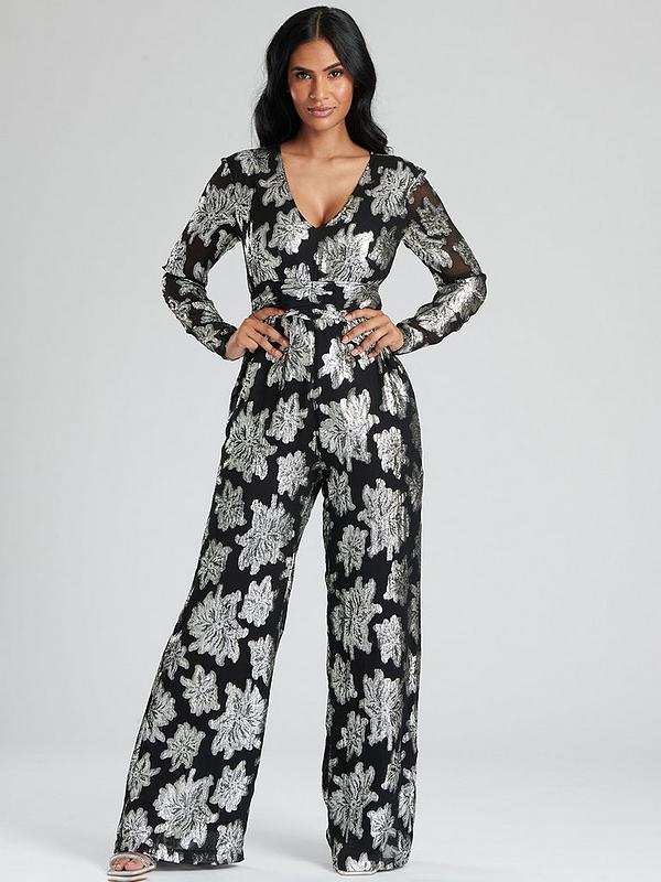 Finding Friday Silver Metallic Flower Long Sleeve Jumpsuit | Very.co.uk