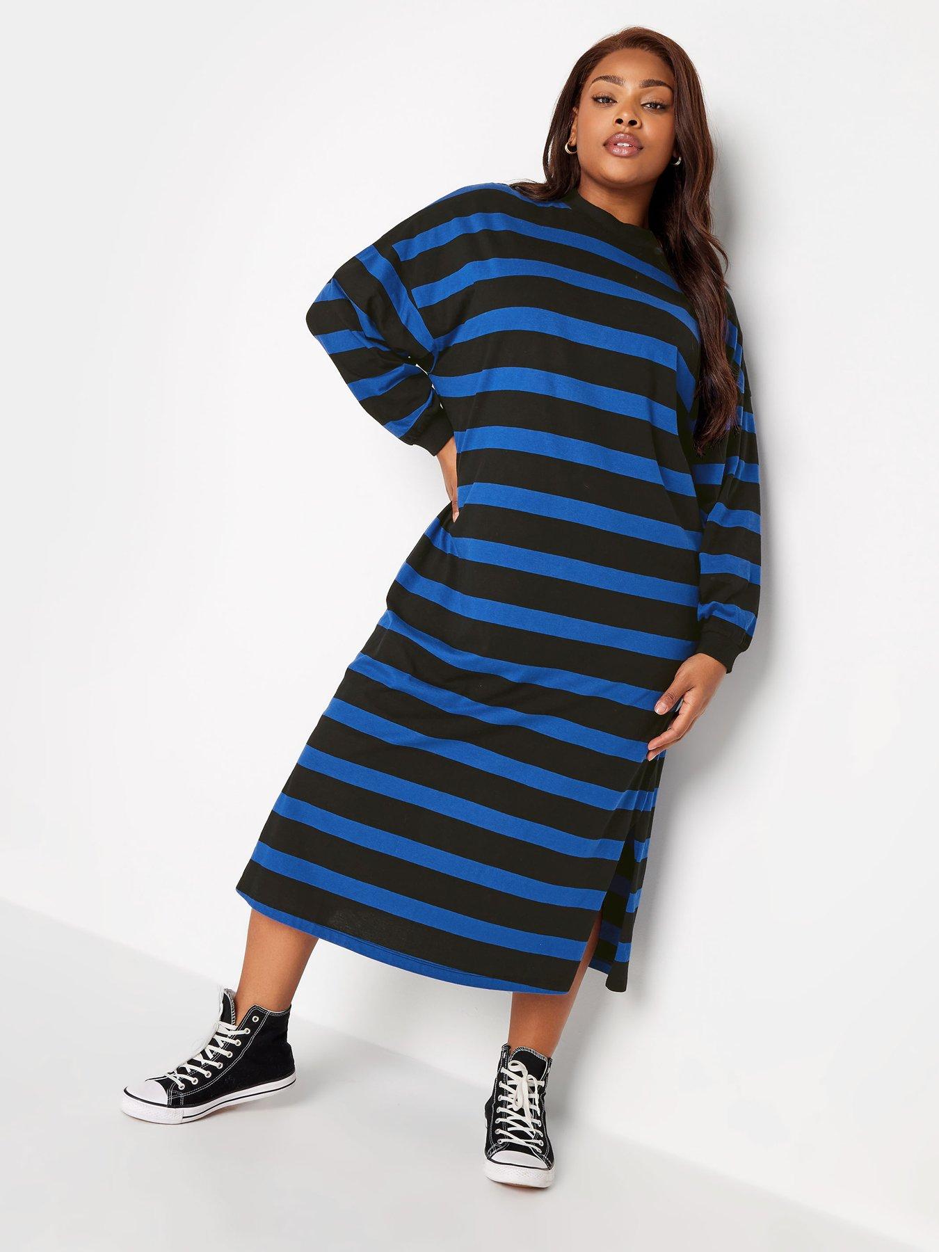 Yours Oversized Long Sleeve T-Shirt Jumbo Stripe Dress With Cuff - Cobalt/Black