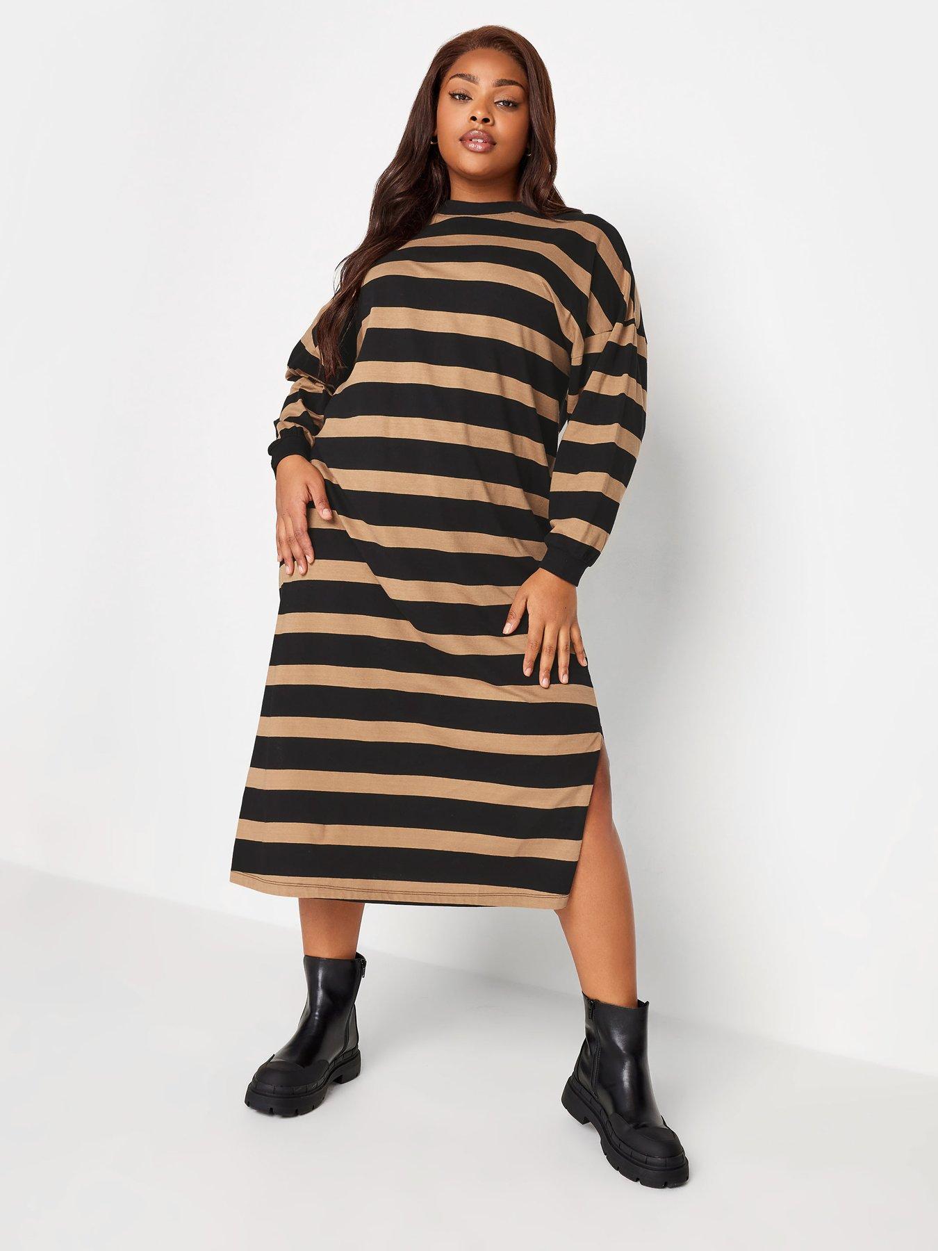 Yours Oversized Long Sleeve T Shirt Jumbo Stripe Dress With Cuff Natural Black Very