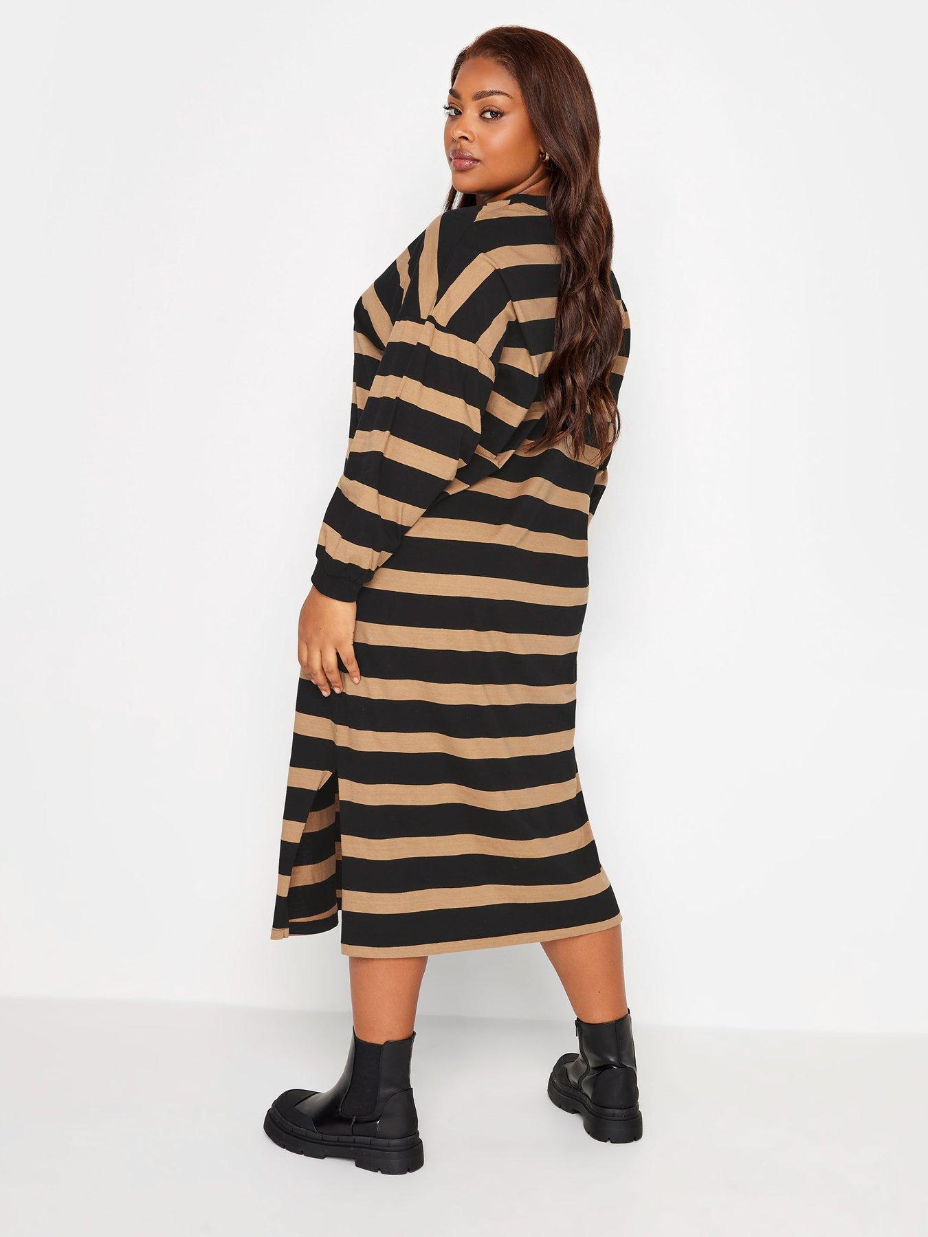 Yours Oversized Long Sleeve T-Shirt Jumbo Stripe Dress With Cuff -  Natural/Black