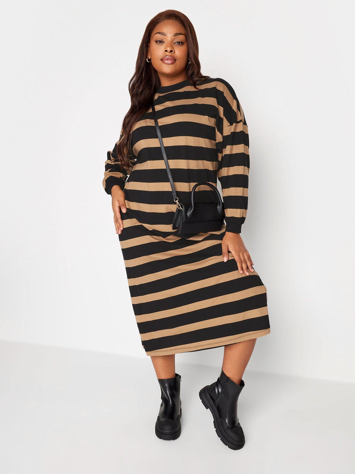 Yours Oversized Long Sleeve T Shirt Jumbo Stripe Dress With Cuff Natural Black