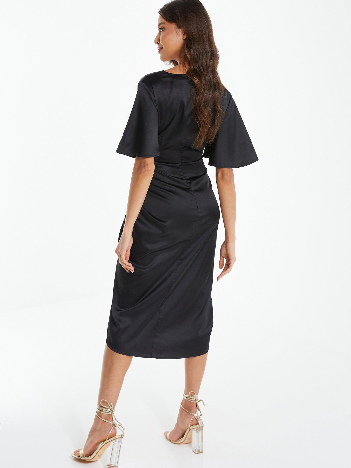 Quiz Black Satin Wrap Ruched Midi Dress | very.co.uk