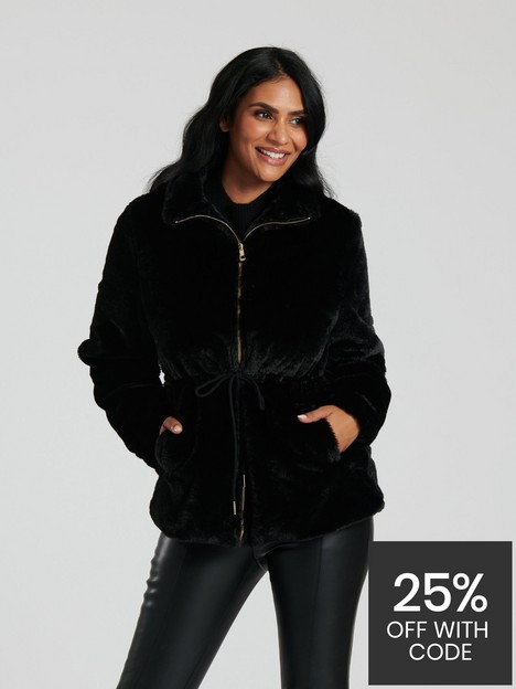 south-beach-faux-fur-jacket-with-waist-ties-in-black
