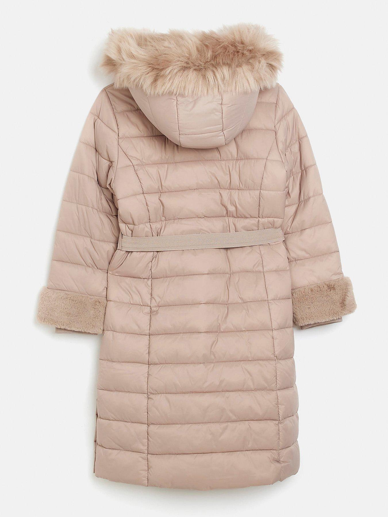 River Island Girls Hooded Faux Fur Trim Puffer Coat - Stone