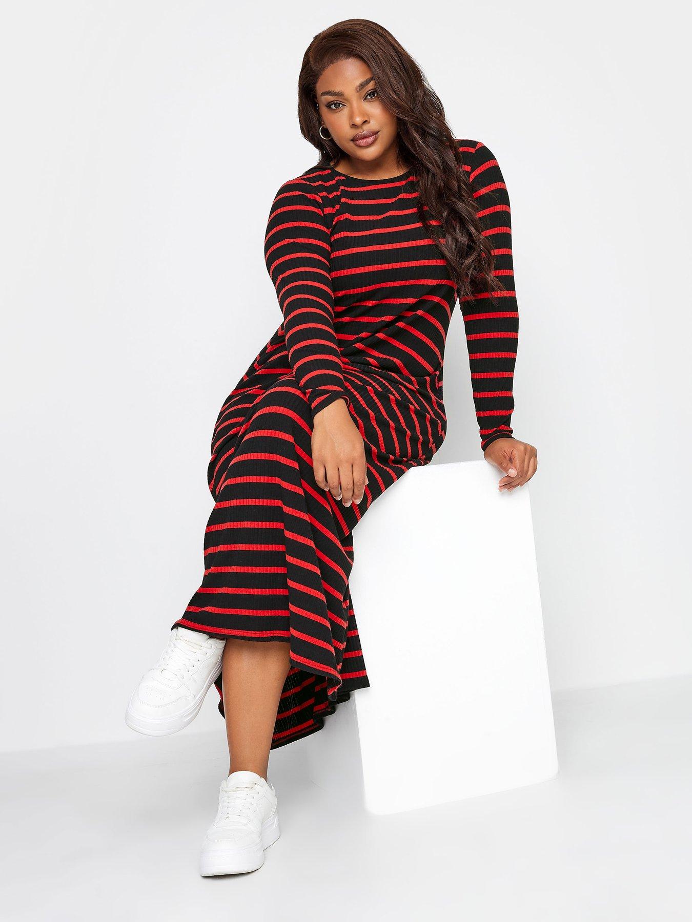 Yours Long Sleeve Rib Swing Stripe Dress. Black/red