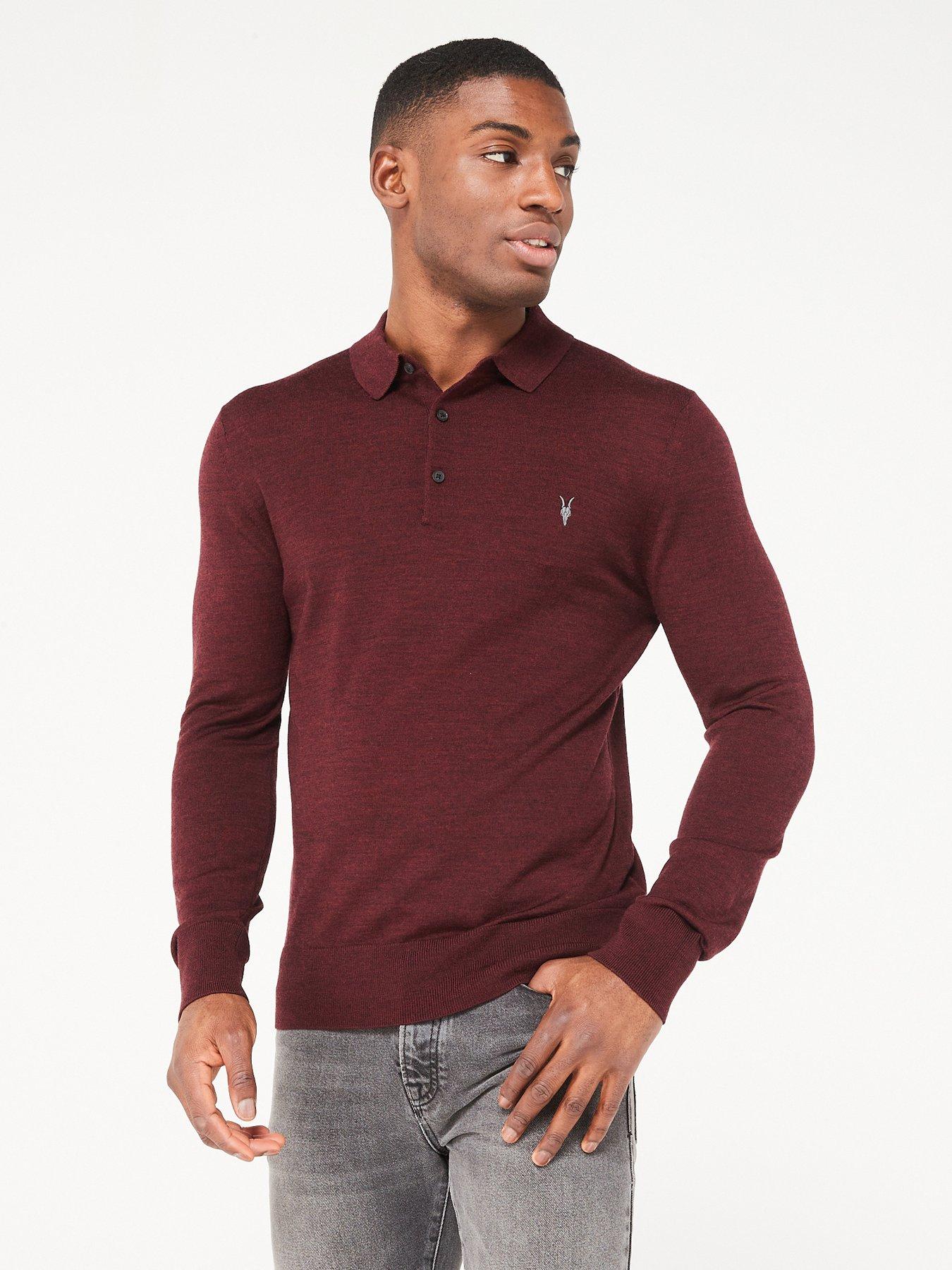 AllSaints Mode Merino Long Sleeve Polo Shirt - Red | very.co.uk