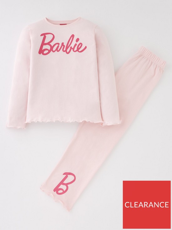 front image of barbie-older-girls-logo-long-sleeve-pyjamas-pink