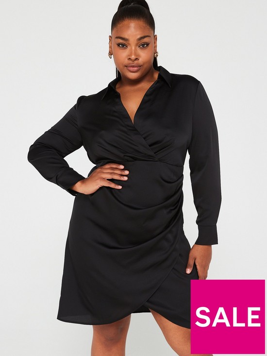 front image of v-by-very-curve-satin-wrap-mini-dress-black