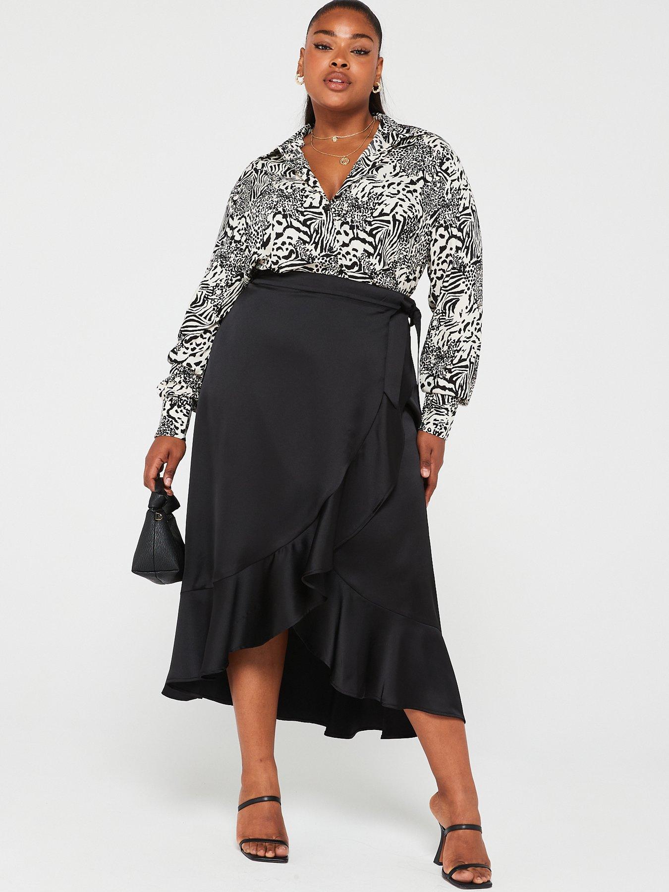 V by Very Curve Satin Wrap Midi Skirt Black Very