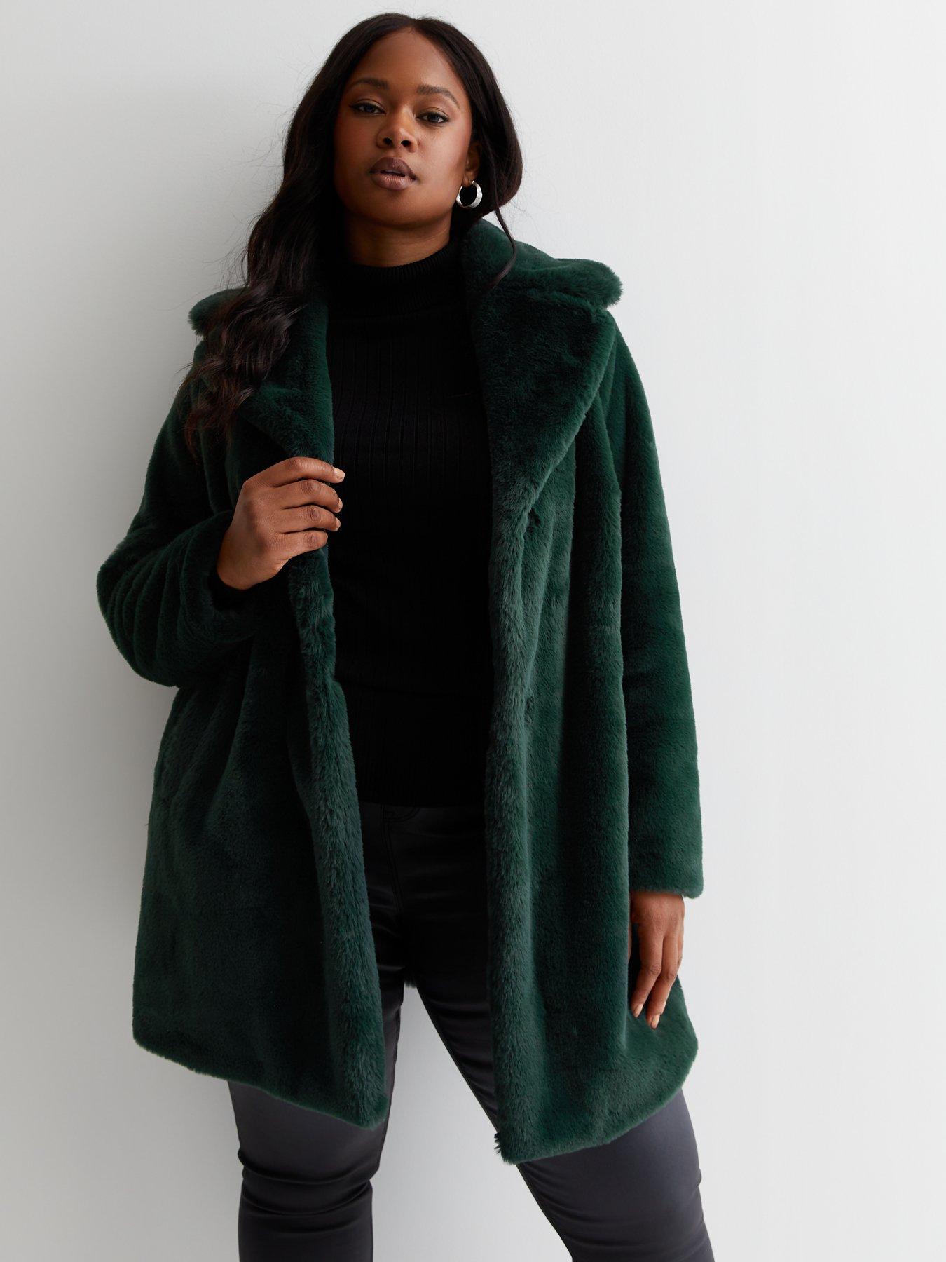 New Look Curves Dark Green Faux Fur Coat