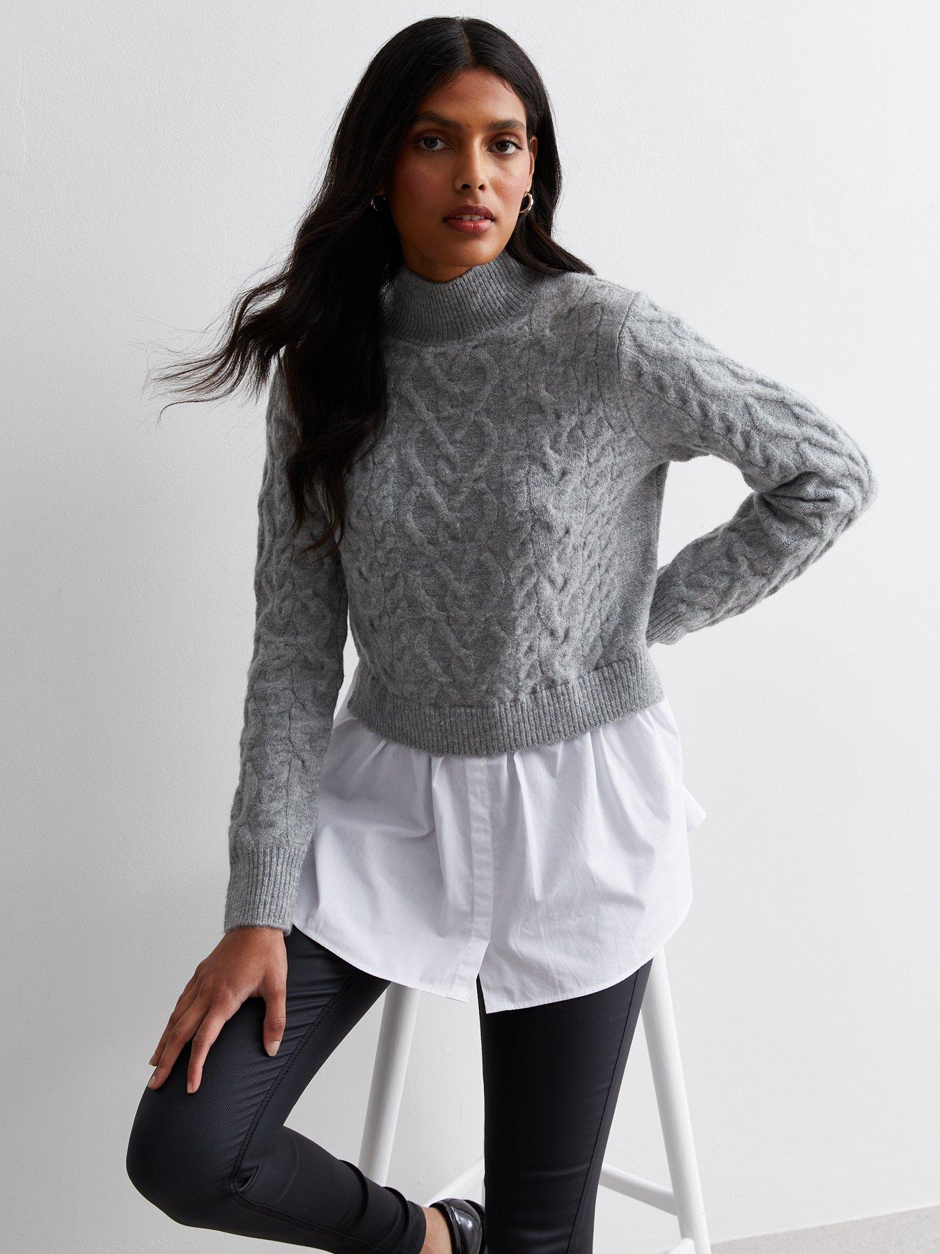 New Look Grey Cable Knit 2-in-1 Shirt Jumper