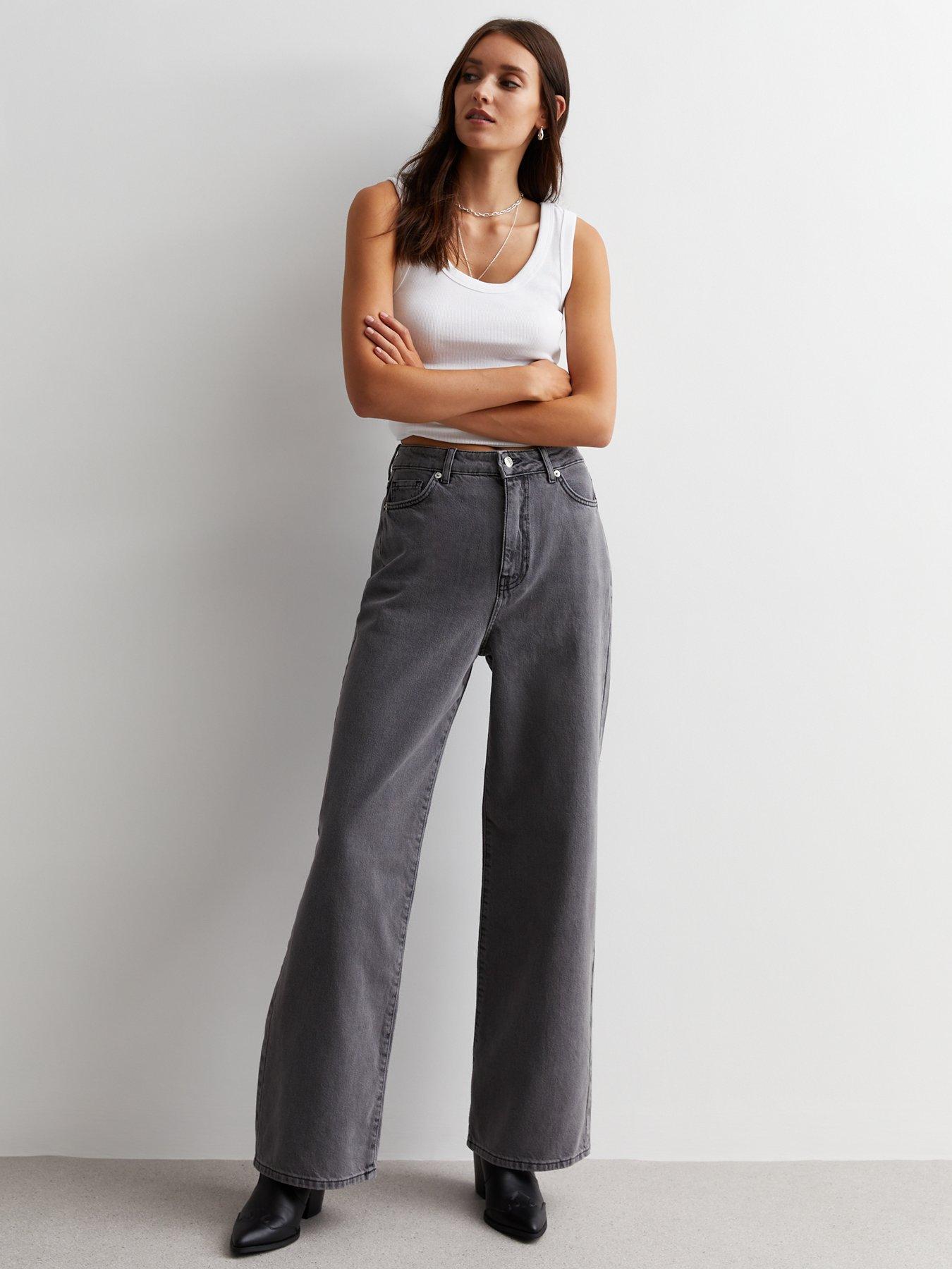 Petite Dark Grey High Waist Adalae Wide Leg Jeans