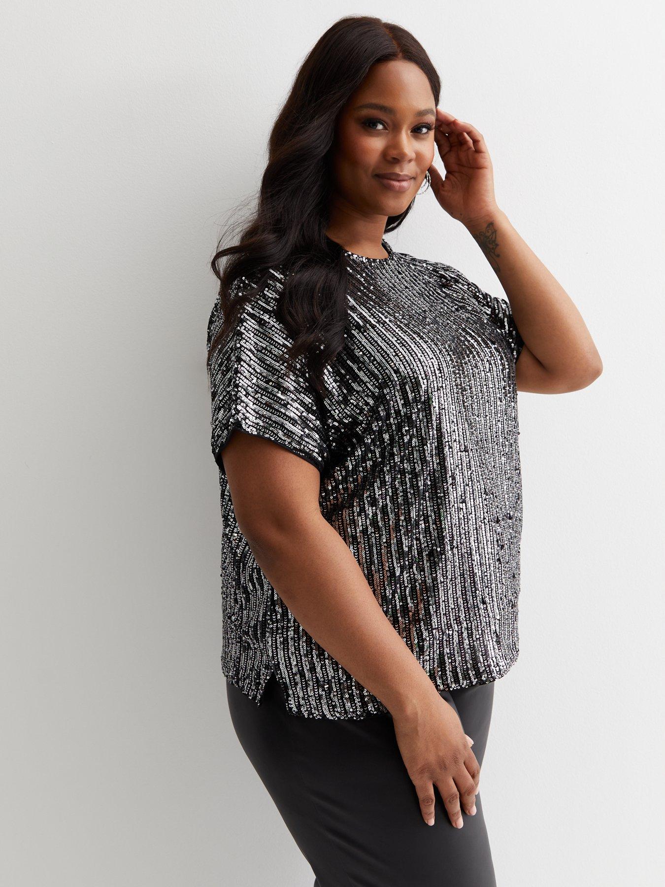 New Look Curves Silver Sequin Stripe T-Shirt