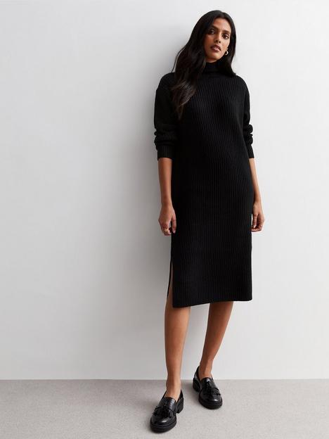 new-look-black-ribbed-knit-high-neck-midi-dress