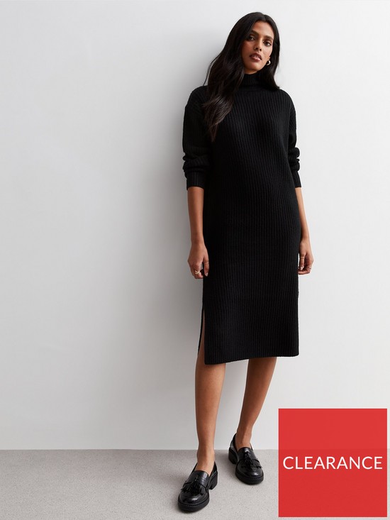 front image of new-look-black-ribbed-knit-high-neck-midi-dress
