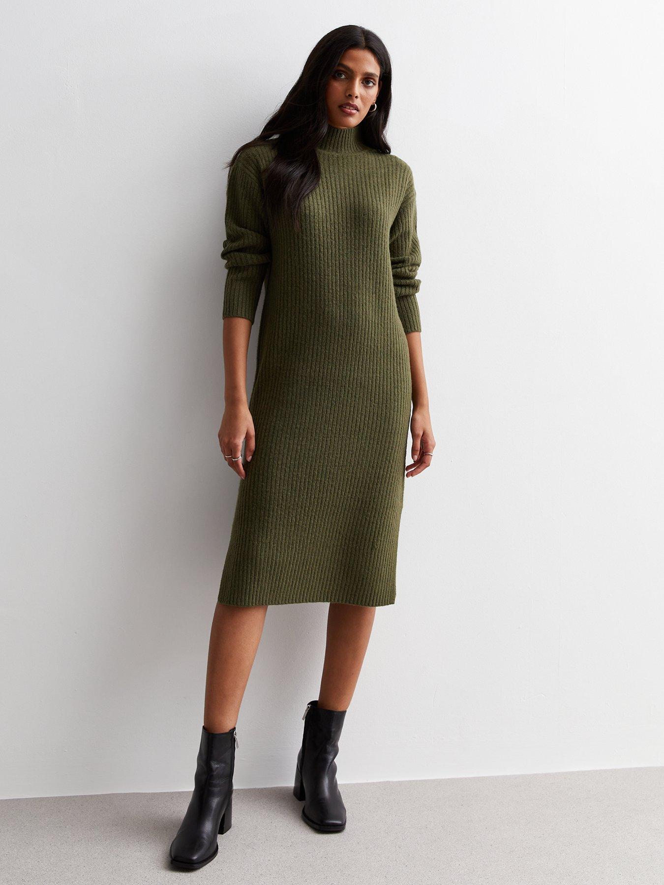 High neck ribbed midi cheap dress