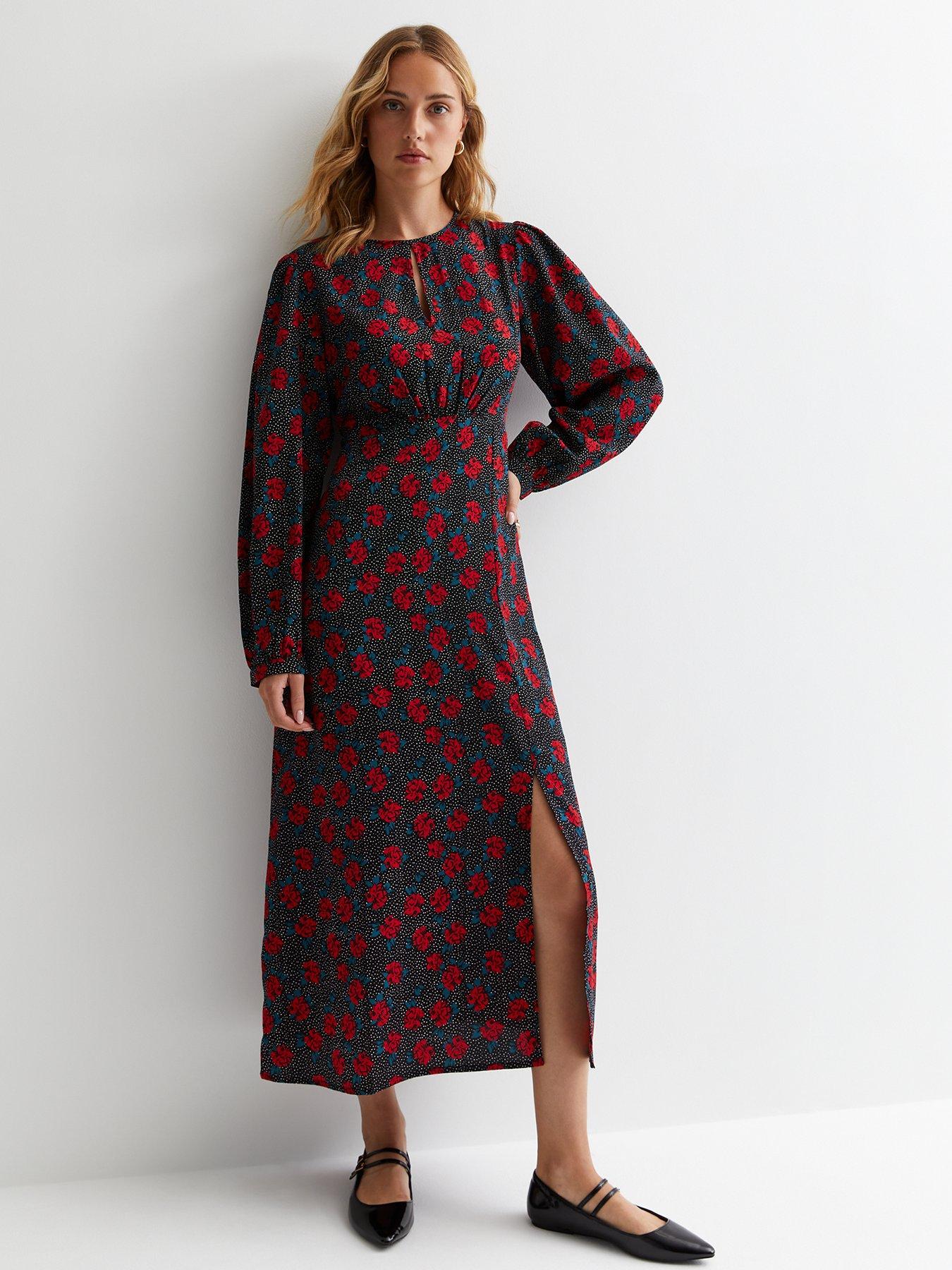 New Look Black Rose Print Keyhole Midaxi Dress | Very.co.uk