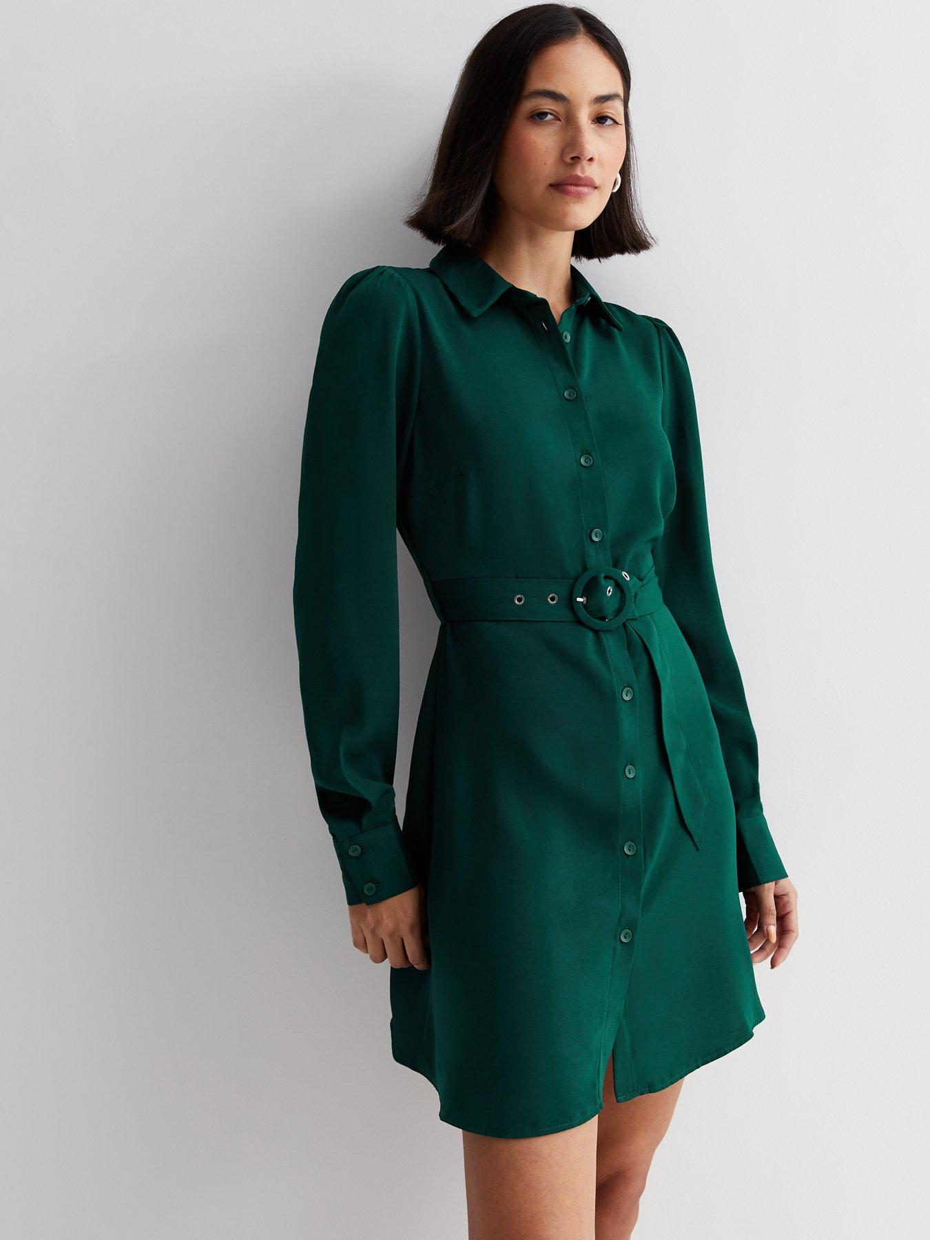 New Look Dark Green Belted Mini Shirt Dress | Very.co.uk