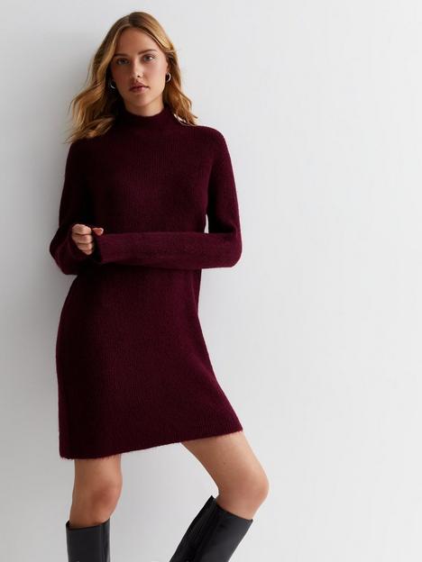 new-look-burgundy-ribbed-knit-high-neck-long-sleeve-mini-dress