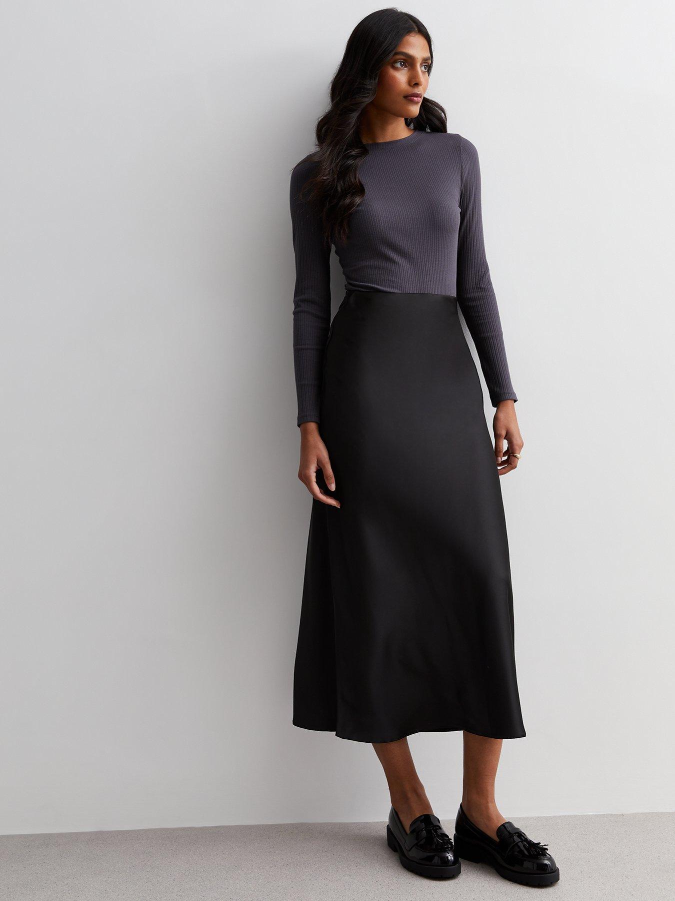 Black Satin Bias Cut Midaxi Skirt