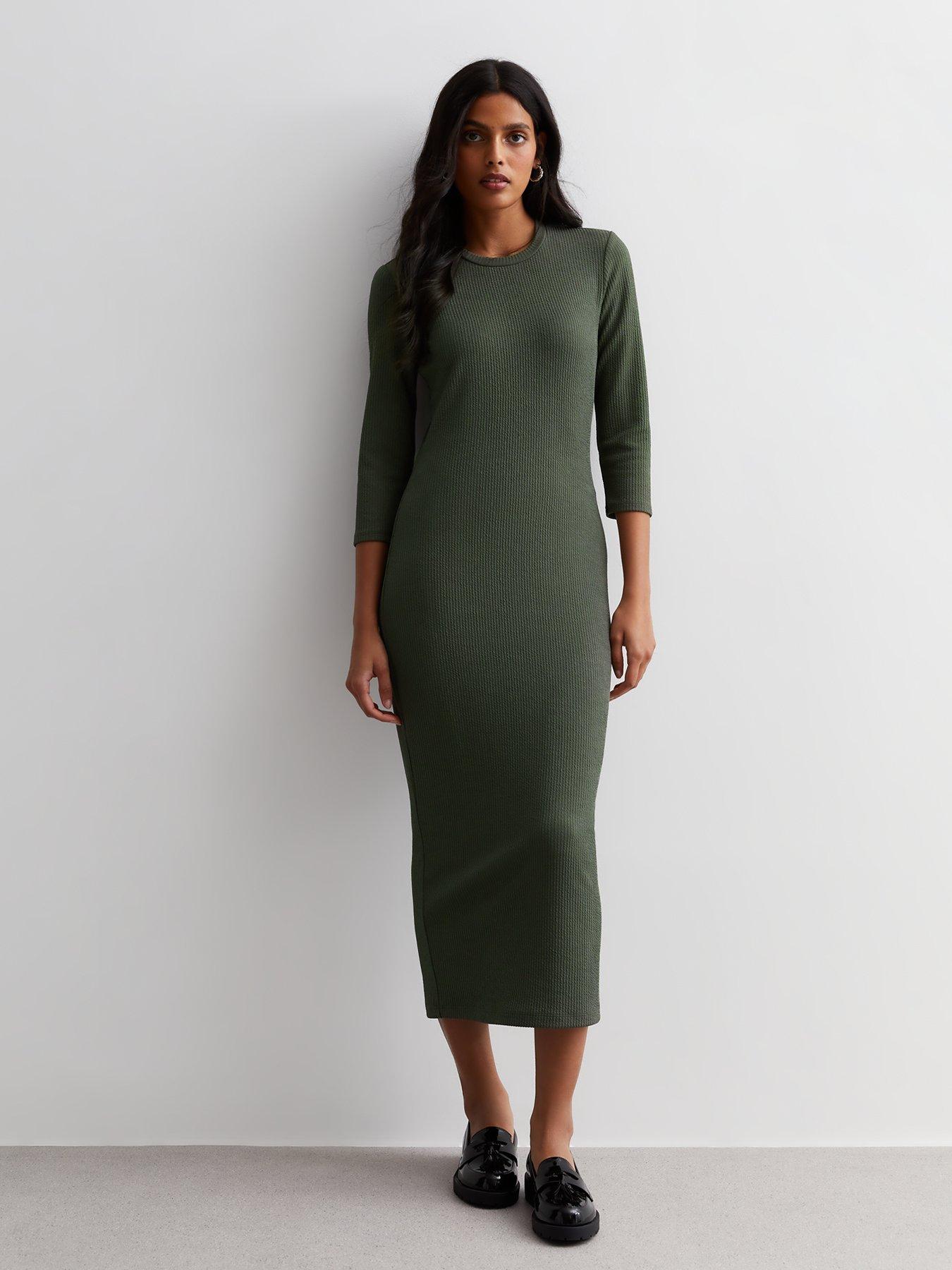 New Look Khaki Ribbed Jersey Long Sleeve Midaxi Dress very