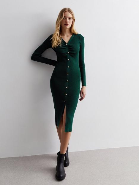 new-look-dark-green-ribbed-knit-popper-front-midi-dress