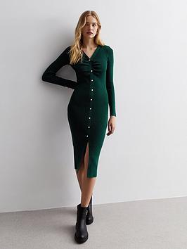 new look dark green ribbed knit popper front midi dress