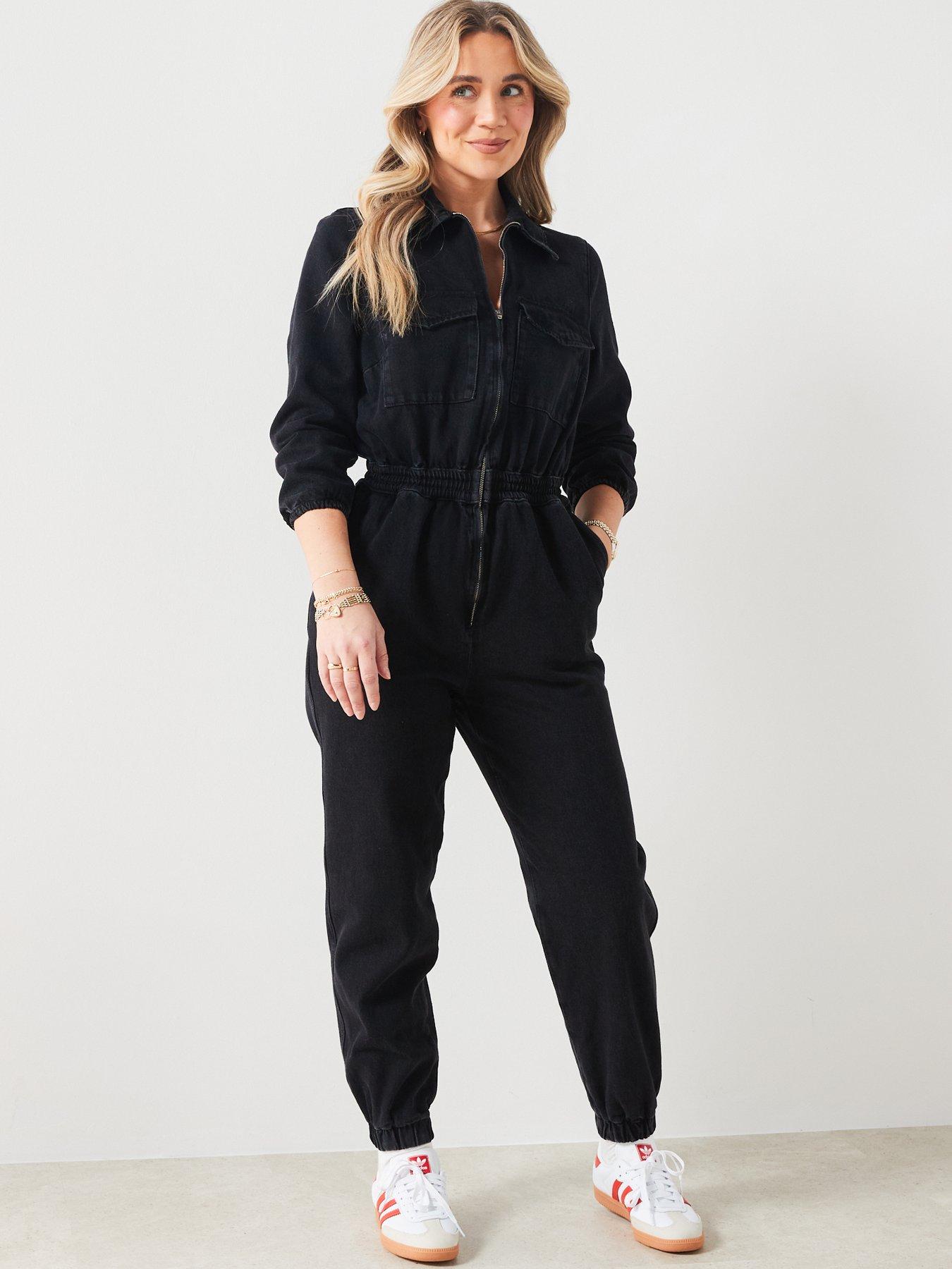 V by Very X Hattie Bourn Denim Zip Front Jumpsuit - Black | Very.co.uk