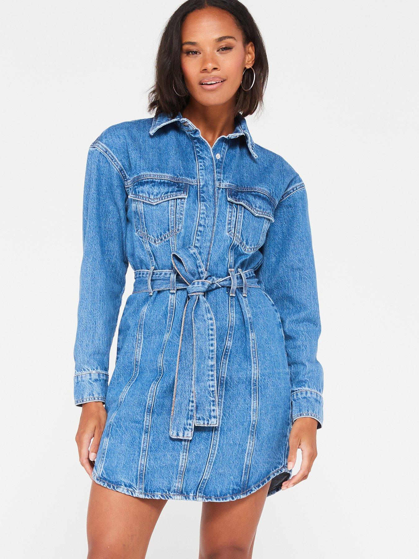 Long sleeve belted denim 2024 dress