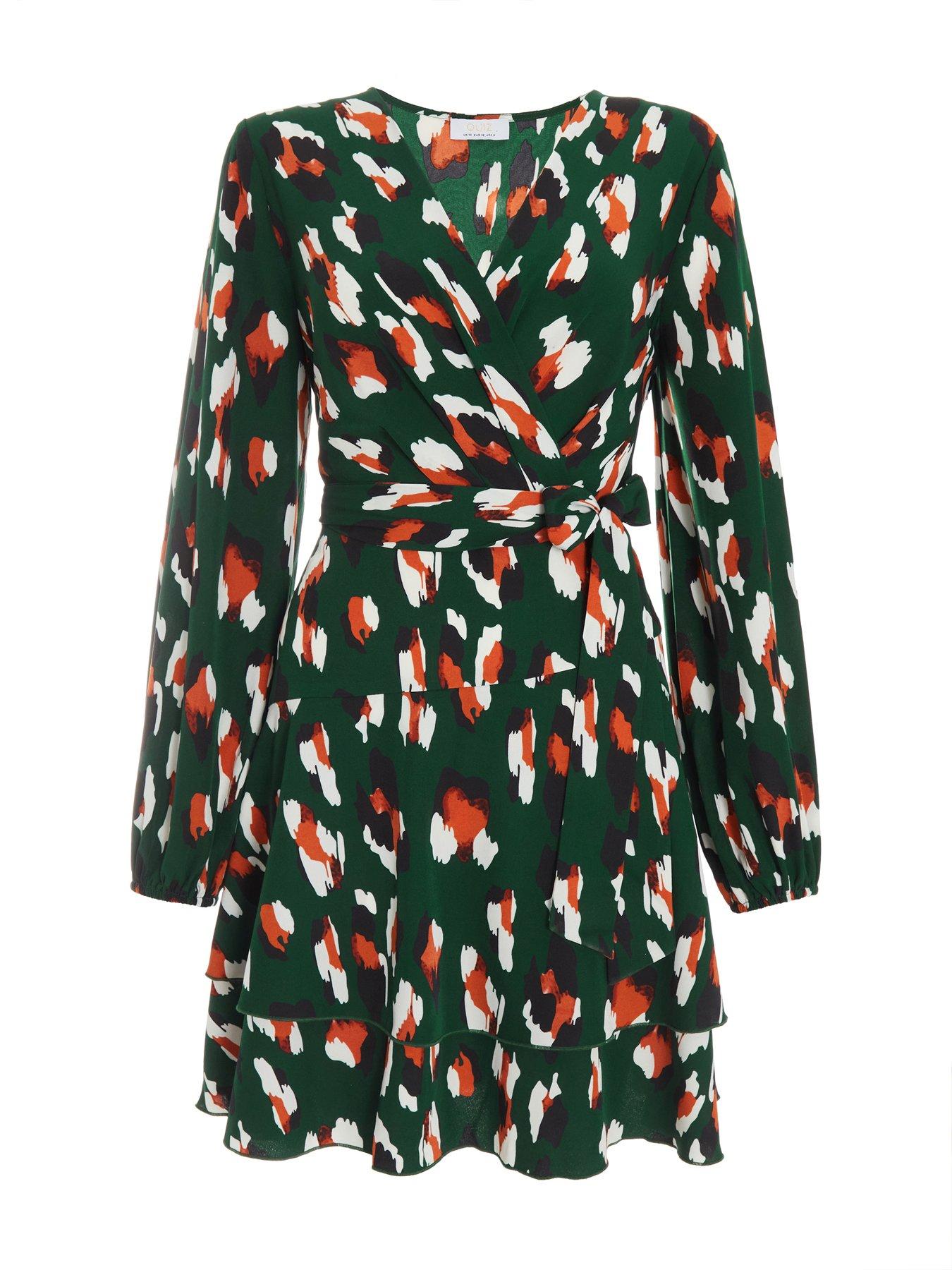 Quiz Petite Green Animal Print Satin Skater Mini Dress | Very