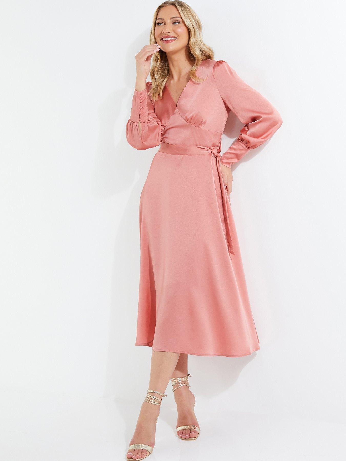 Quiz Pink Satin Long Sleeve Wrap Midi Dress | Very
