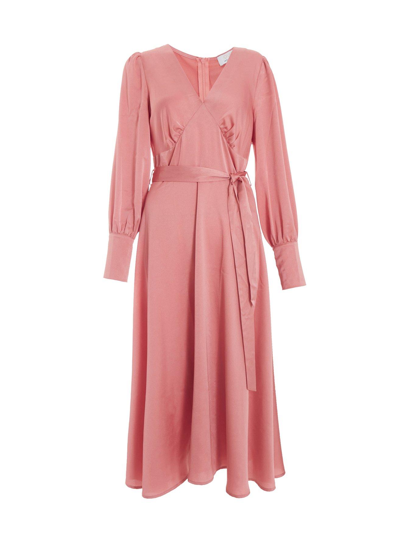 Quiz Pink Satin Long Sleeve Wrap Midi Dress Very