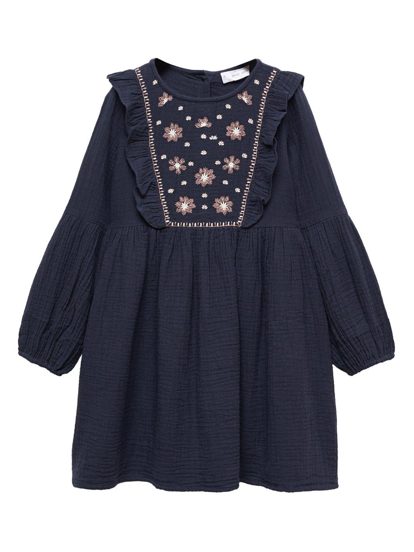 Girls Embroidered Bib Long Sleeve Dress Navy