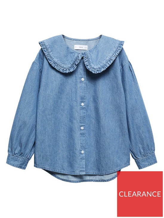front image of mango-girls-chambray-frill-collar-long-sleeve-blouse-blue