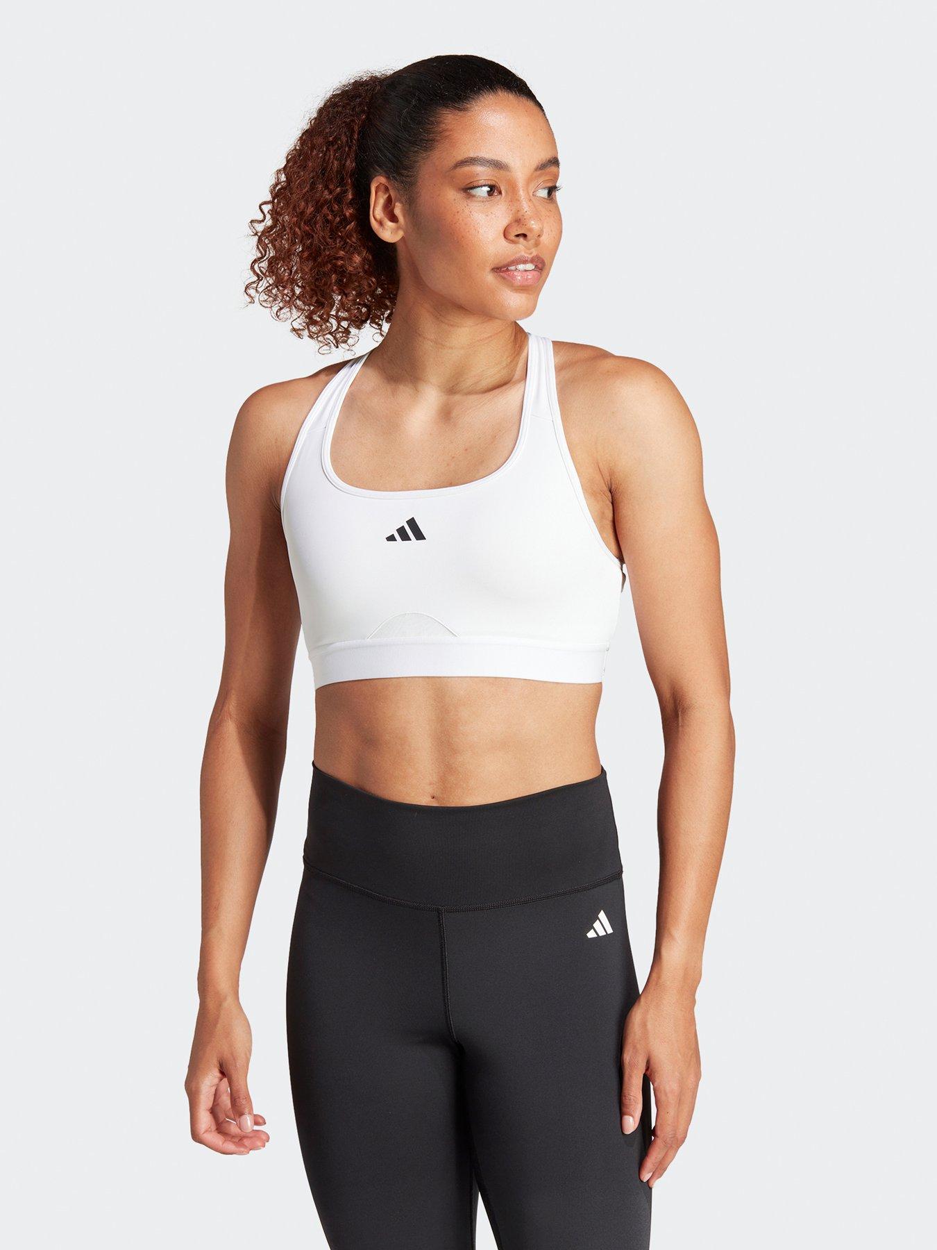 adidas Training Plus 3 Stripe design mid-support sports bra in dark white